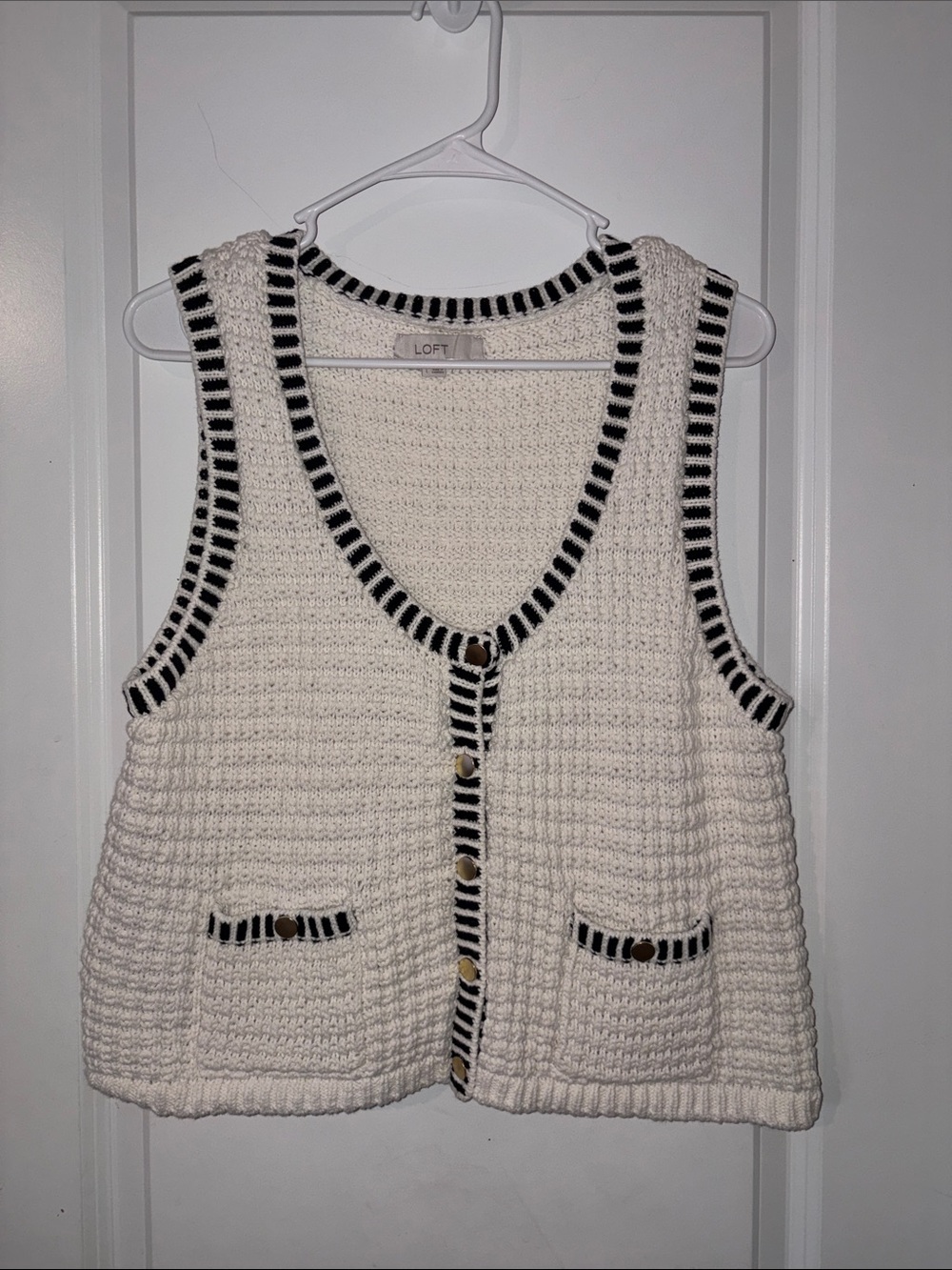 LOFT Cream Knit Button-Front Sweater Vest with Black Trim